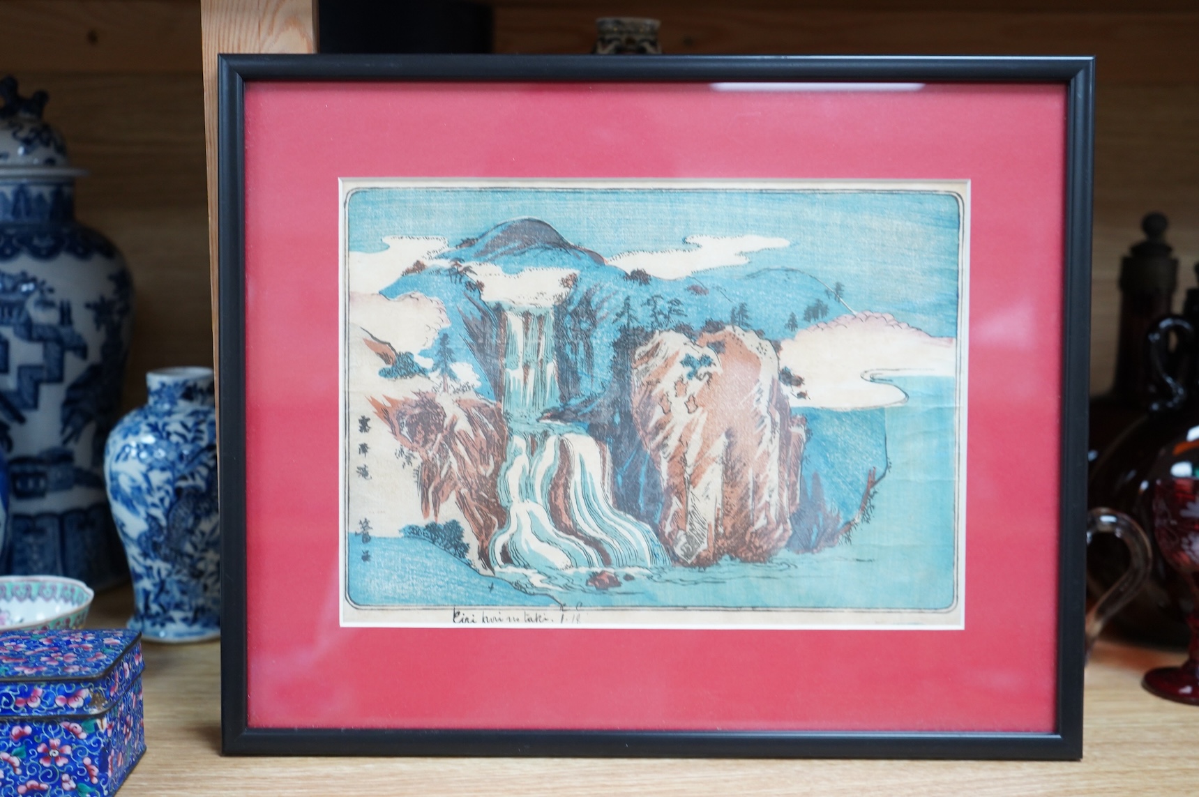 A set of four Japanese woodblock later reprints, Winter scenes, together with a later example, 18 x 25cm